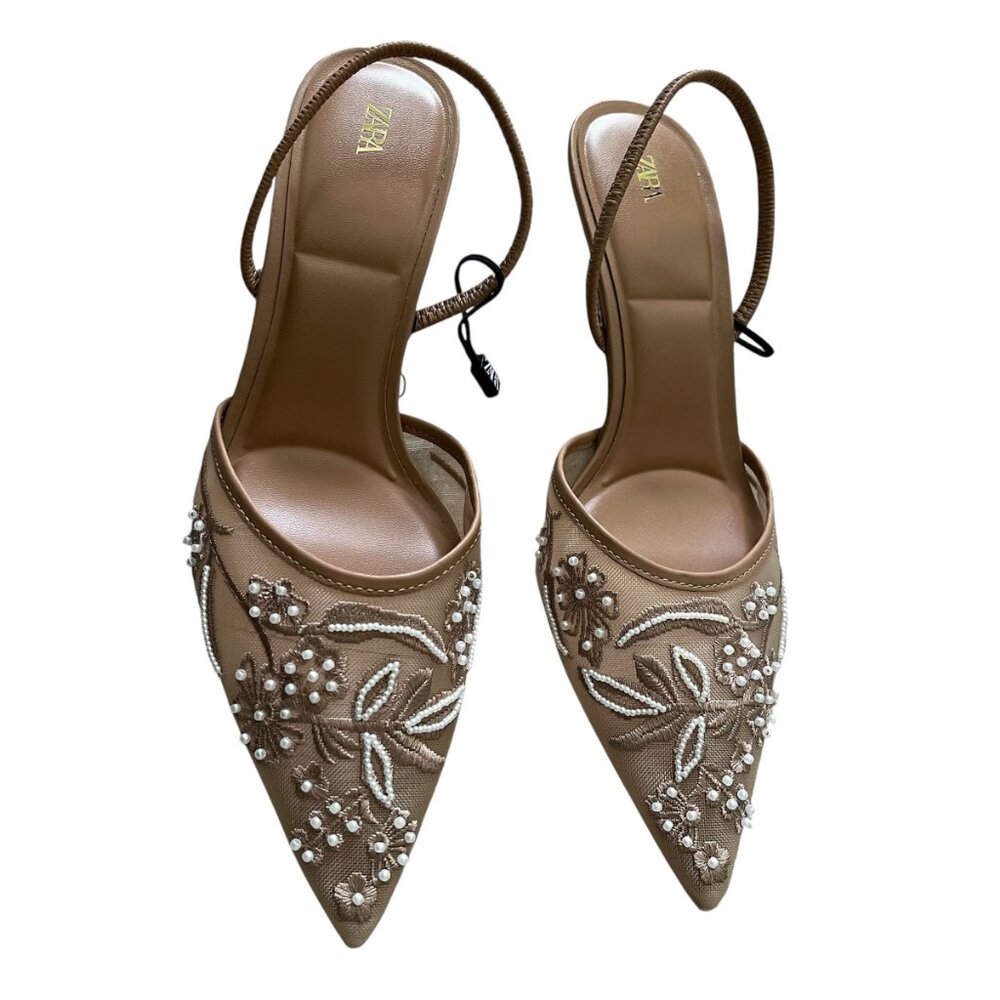 Zara Embroidered Mesh Slingback Heels Brown Size 10 Pointed Toe NWT Party Bridal - Picture 4 of 9